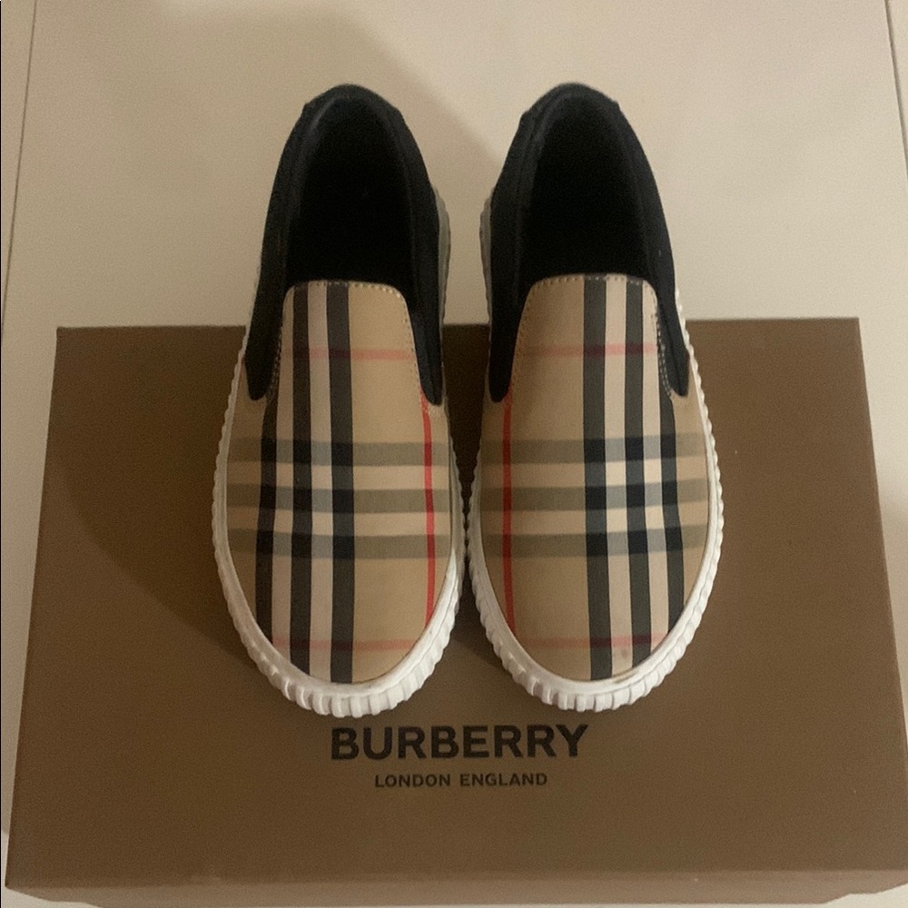 Burberry Checkered Slip-On Shoes in Black and Tan
